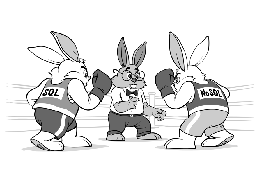 Dois coelhos em um ringue de luta, um coelho como juiz. Um coelho lutador com cara de bravo tem escrito na camiseta SQL e o outro coelho lutador com cara de bravo tem escrito na camiseta NoSQL.