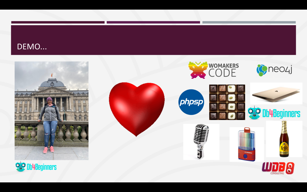 Print de um slide da minha palestra na Bélgica, do lado esquerdo uma foto minha em frente ao palácio rela, um coração no meio e a direita coisas que eu gosto (PHP-SP, woMakersCode, Neo4J, chocolate, notebook,